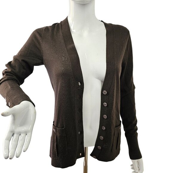 Halogen Laine Wool V Neck Cardigan Sweater Hip Pockets Women S Chocolate Brown - Picture 4 of 10